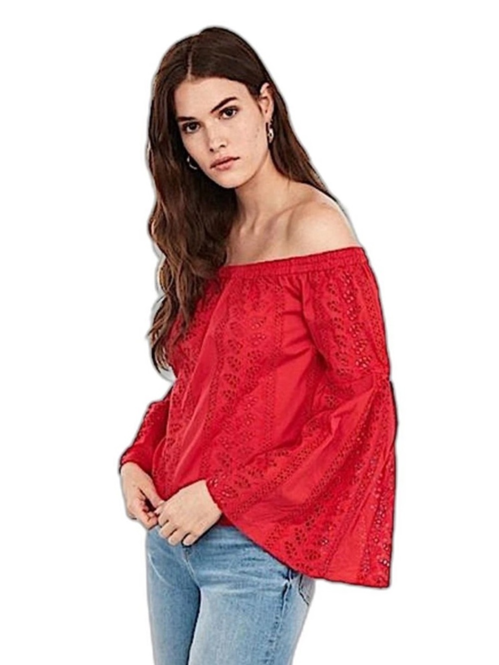 Express Bohemian Off-Shoulder Cherry Red Eyelet Flowy Bell-Sleeve Cropped Top